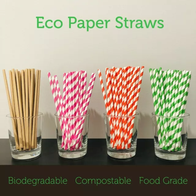 250 Paper Drinking Straws Food Grade Regular Pink Green Red Stripes Brown Kraft