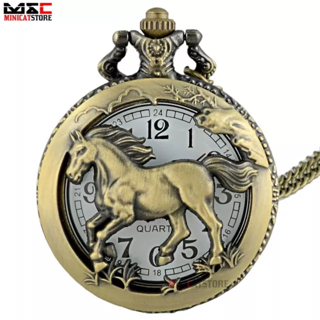 Antique Bronze Horse Pendant Pocket Watch Quartz Necklace Chain Retro Gift New