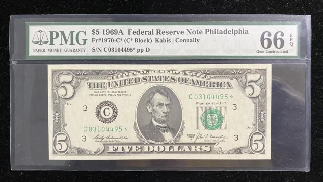 1969A $5 Federal Reserve Star Note - PMG 66EPQ Philadelphia - 1970-C*