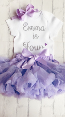 Personalised Girls 4th Birthday Four Outfit Fluffy Tutu Skirt Fourth Party Lilac