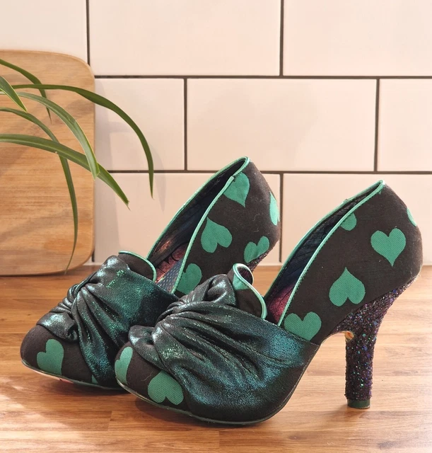 IRREGULAR CHOICE Ooh La La Green Hearts Heels Black Green Glitter Size 5 38 62.00 PicClick UK