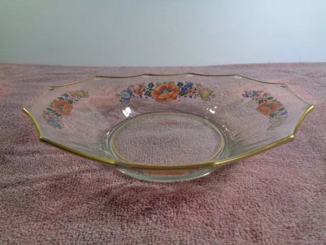 Glass Candy Dish Serving Bowl 7 1/2" x 10" Gold Rim Flower Decor 2" Tall Vintage