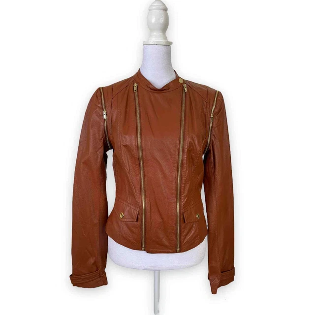 bebe Women's Cognac Wine Tan 100% Leather Moto Jacket Gold Zipper Size Small bebe Women's Cognac Wine Tan 100% Leather Moto Jacket Gold Zipper Size Small