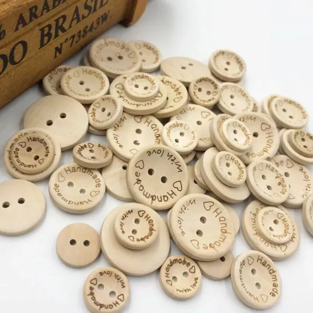 Wooden Handmade with Love Buttons Round Craft Décor Buttons 2 Holes Wood Buttons