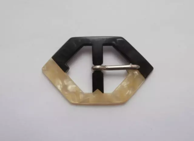 BNIP Vintage 1930's Art Deco Pearly Ivory & Black Lucite Belt Buckle  Deadstock