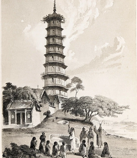 1856 Pazhou Pagoda Guangdong China Lithograph Wilhelm Heine ORIGINAL RARE