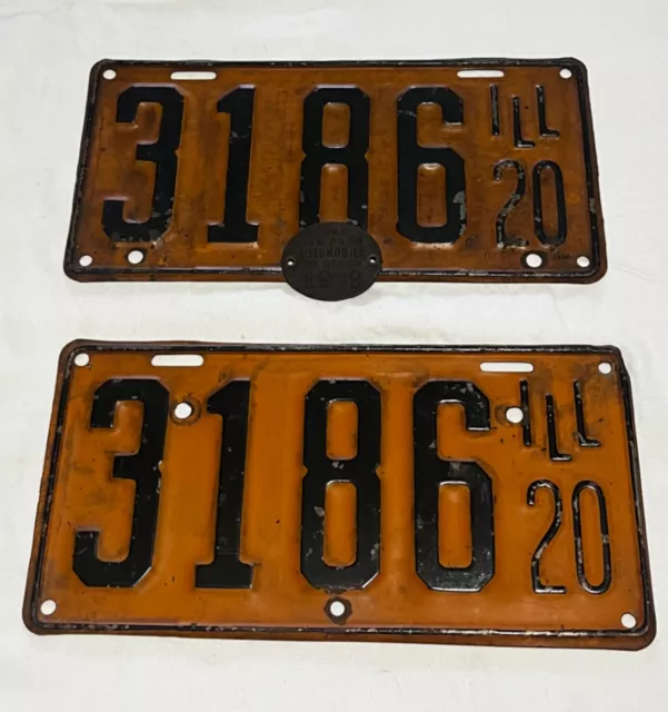 Antique 1920 Illinois License Plate Set w Oak Park Tax Tag. Original. Low number