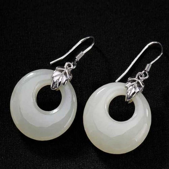 Natural White jade Gemstone Annulus Earrings Eardrop Party New Year Cultured