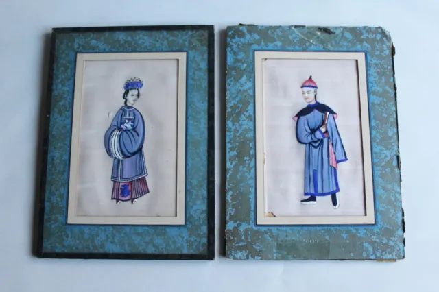 Ancienne paire de peintures chinoises sur papier de riz 23.5 cm x 17 cm