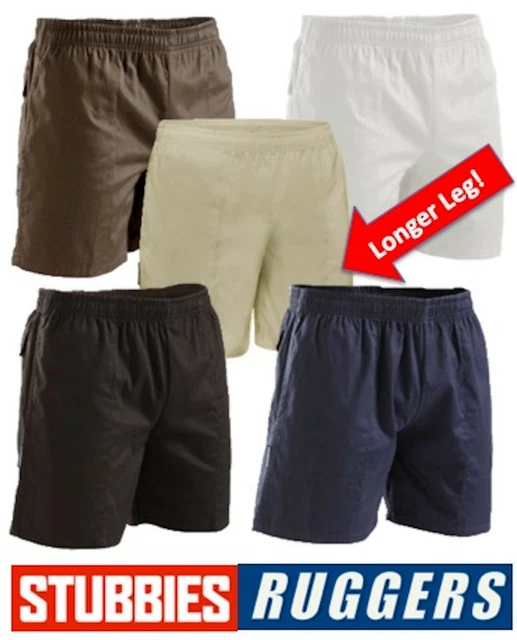 Mens -Genuine Stubbies Ruggers Longer Leg Elastic Waist Drill Work Shorts-Se2140