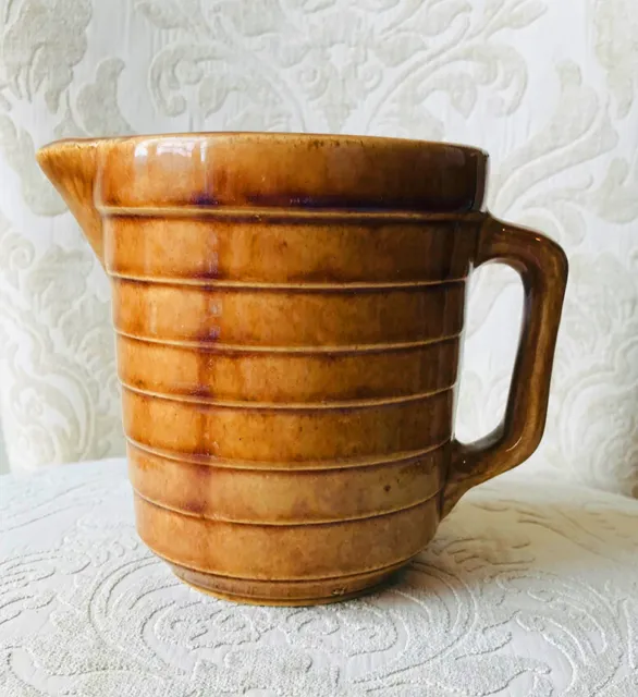 Vintage USA Pottery Stoneware Brown Glaze Ribbed, Water, Milk, Batter, Pitcher
