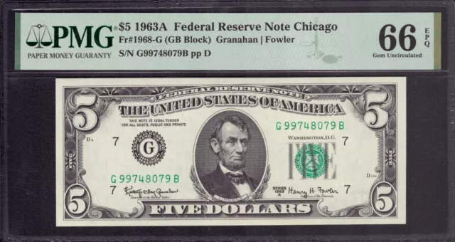 1963 A $5 Federal Reserve Note Chicago Fr 1968 G Gb Block Pmg Gem Unc 66 Epq
