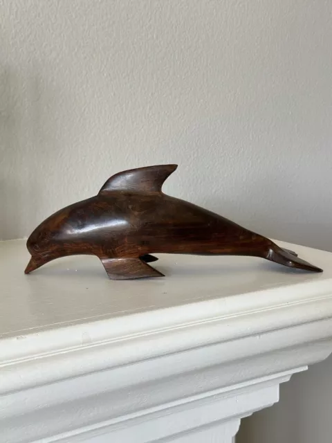 Vintage Large Heavy Solid Carved Hard Wood Dolphin Sculpture Figurine 11" Long