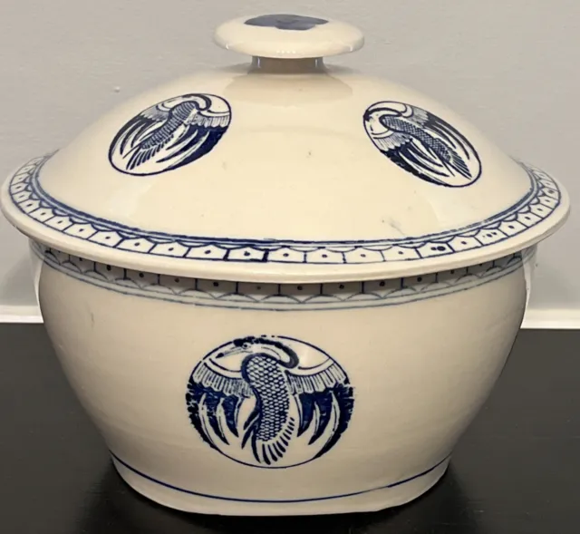 Large Chinese Rice Pot Bowl w/ Lid Blue & White Phoenix Heron Crane Bird Vintage