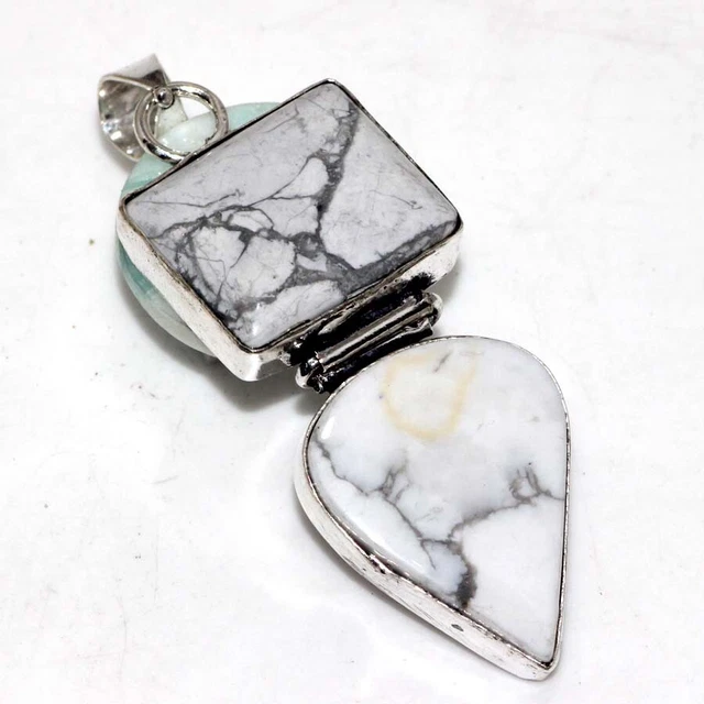 925 Silver Plated-Howlite Ethnic Gemstone Long Pendant Jewelry 2.5" JW