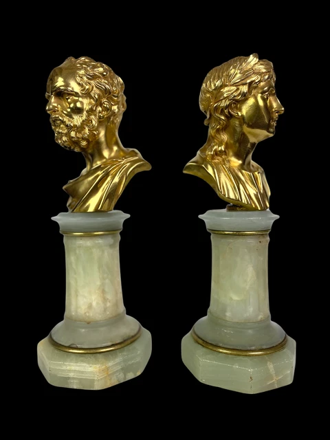 PAIRE DE BUSTES DE PHILOSOPHES  EN BRONZE DORÉ SUR SOCLE EN ONYX DU XIXe 3