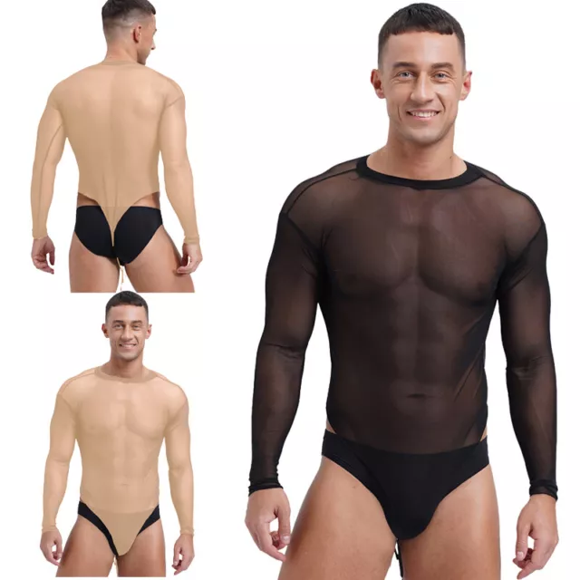 Mens Bodysuit Pajamas Leotard Lace-up Crotch Jumpsuit Sexy Crew Neck Sheer Mesh