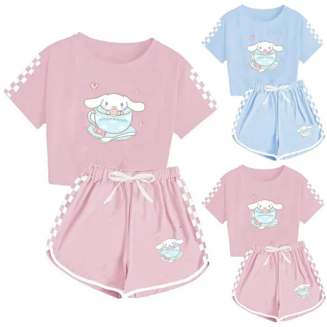 Kids Girls Cinnamoroll Printed Short Sleeve T-Shirt+Shorts Sleepwear Outfit Set~