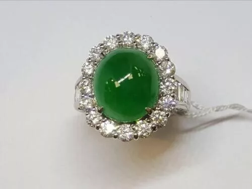 Burma Imperial Green 7.30CT Jadeite Jade & Shiny White 2.08CT White Zircon Ring