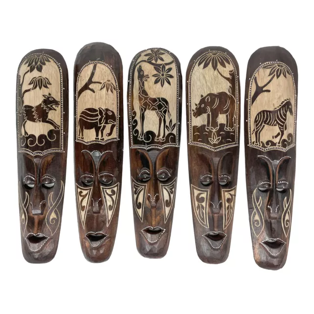 Zeckos Set of 5 African Animal Hand Carved Wooden Wall Masks