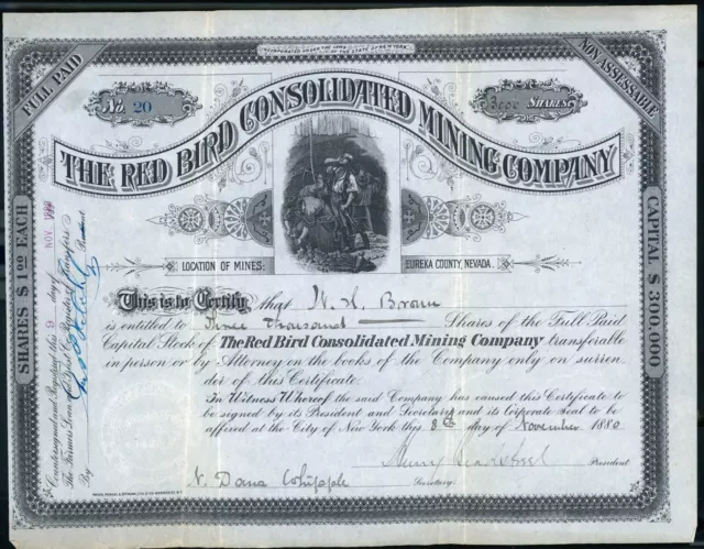 NEVADA Red Bird Consolidated Mining Co stock certificate Eureka County 1880