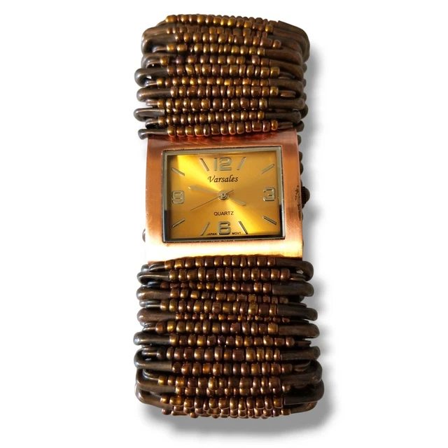 Varsales Safety Pin Brown Beaded Band Quartz Watch D3438-10 Needs Battery