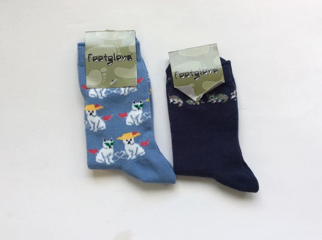 2 Pairs Womens Novelty Crew Socks * Dogs & Cats * Navy Blue/Light Blue