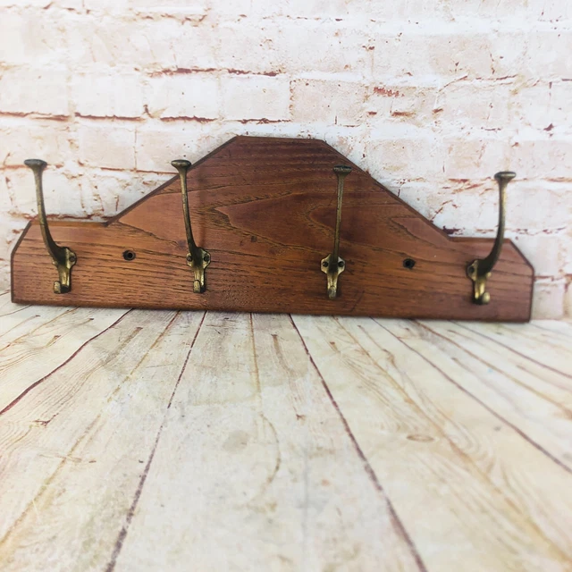 Antique Coat Hat Wall Mount Rack 4 Hooks Circa 20s Wood brass hooks?