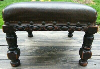 A Pair Of Carved Wood & Faux Leather Country House Foot Stools 3