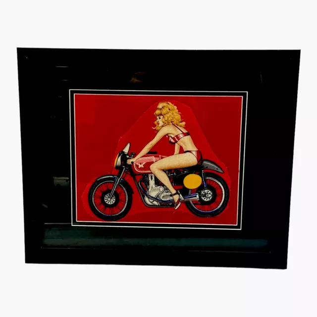 VINTAGE MATCHLESS MOTORCYCLE FRAMED CLOTH PHOTO PICTURE 15.5”x 11.5" VARGA GIRL