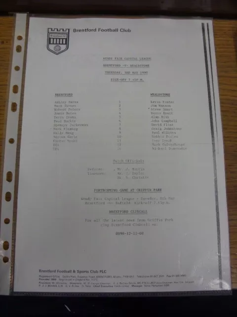 03/05/1990 Brentford Reserves v Wealdstone Reserves  (single sheet). Condition: