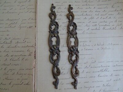 French antique 2 ornately detailed brass patina key hole plates to any projects 3