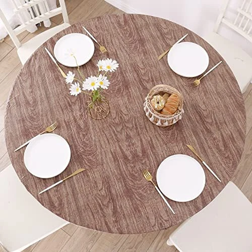 Round Vinyl Fitted Tablecloth with Flannel Backing Elastic Edge Design Table ...