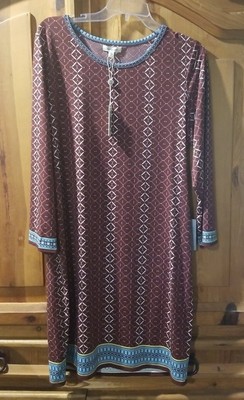 NWT Women's Max Studio Maroon White Light Blue Print 3/4 Sleeve Dress Size XL