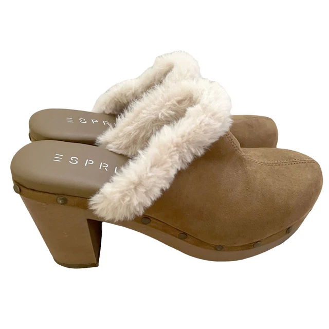 Esprit Women's Size 7.5 Taupe Camel Color Clogs with Faux Fur Trim