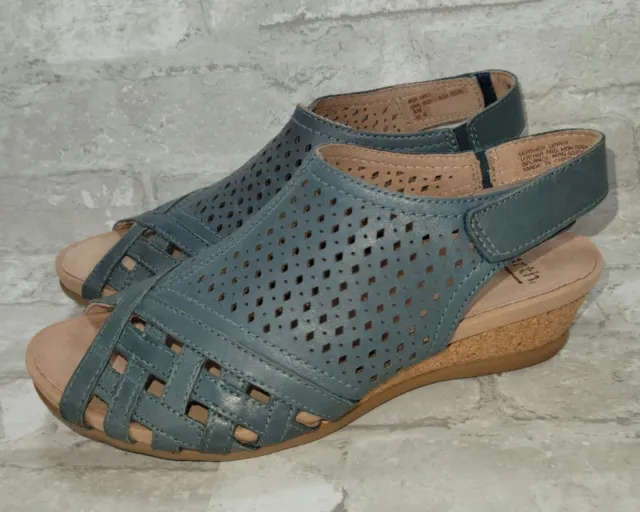 Earth Pisa Galli Women's Wedge Sandal Shoes Size 8M Perforated Leather Lake Blue