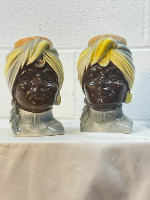 Royal Copley Pair  Blackamoor Prince Wall Pocket Head Vase 8" Tall Vintage