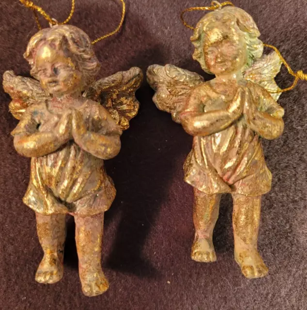 VTG Two Gold Tone Putti Cherub Angel Christmas Praying Figurines Ornament 3.5"