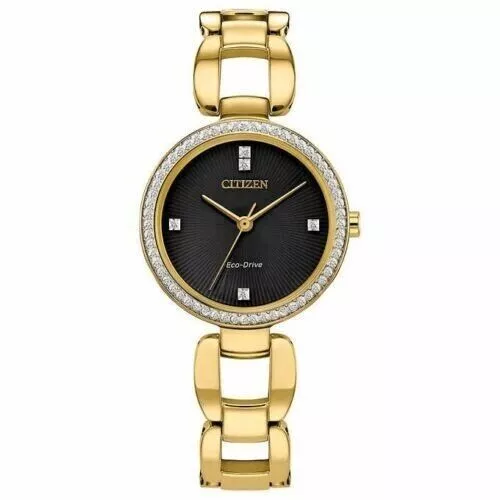 Citizen Ladies EM1032-58E Eco Drive Crystal Accented Gold Tone SS Watch / USED V 2