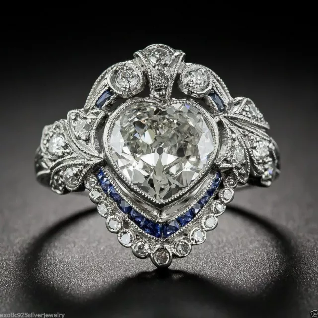 Art Deco Heart Lab Created Diamond Edwardian Wedding 14Ct White Gold Filled Ring