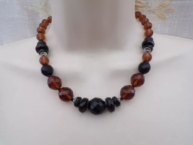 Vintage Brown Black Amber Faceted Glass Beaded Art Deco Style Short Necklace