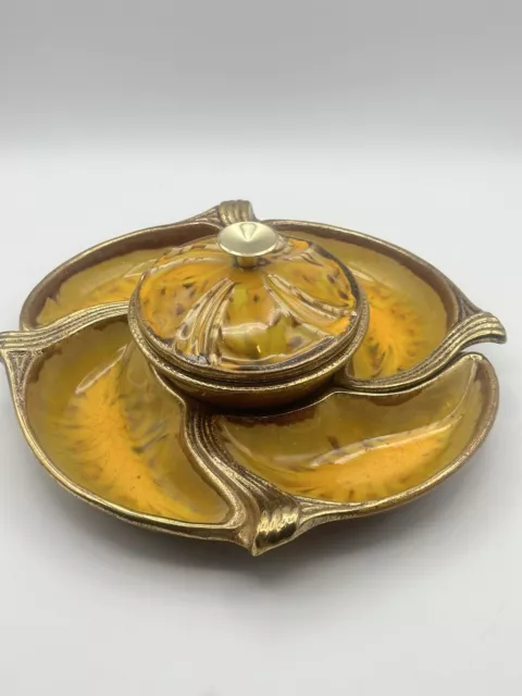 USA California Pottery 3 Piece Serving Dish 13” Yellow Brown And Gold 2501-2503