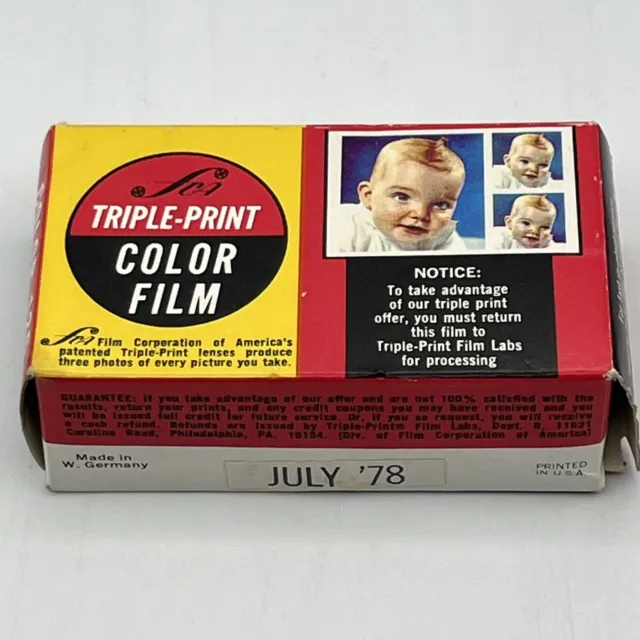 Rollo de película de 126 colores triple impresión - 12 exposiciones - caducado 07/1978 - sellado