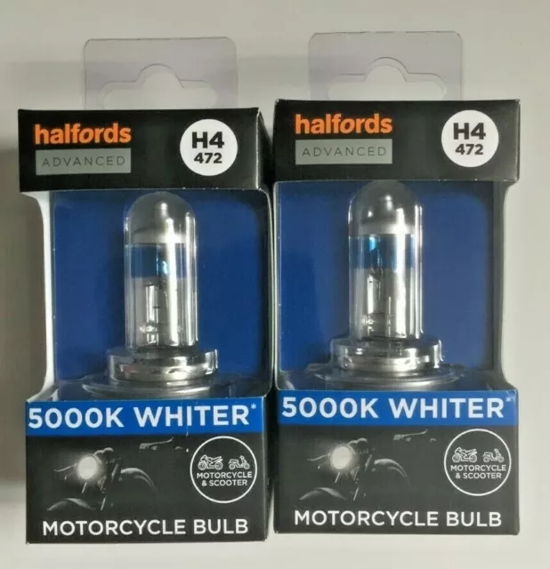 2 X HALFORDS H4 472 Advanced 5000K Motorcycle Headlight Bulb s