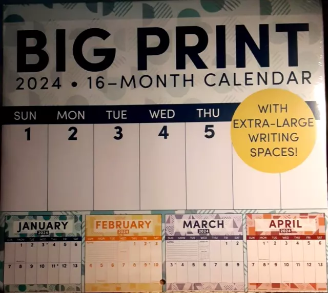 2024 BIG PRINT Wall Calendar 20" X 11" Extra Large Writing Spaces 16 month