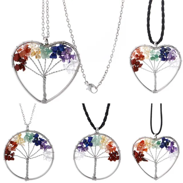 7 Chakra Healing Tree Of Life Pendant Necklace Crystal Natural Stone NecklacN^m^