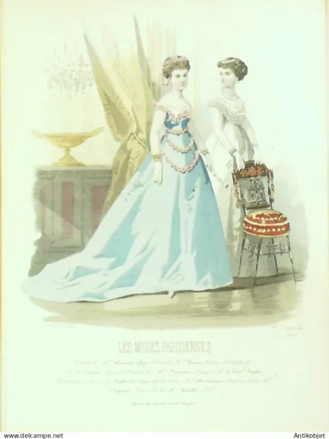 Gravure Modes parisiennes 1867 n°1252 Robe de coton brodé de fleurs & Perkale