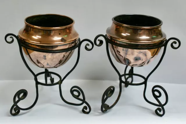 Pair Antique Copper Fern/Succulent Pots On Wrought Iron Stands, Henry Loveridge