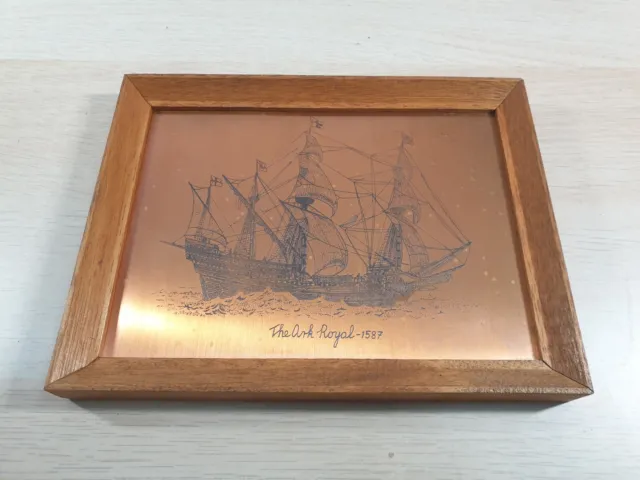 Cuadro artístico vintage grabado en cobre ""The Ark Royal 1587"" barco enmarcado náutico