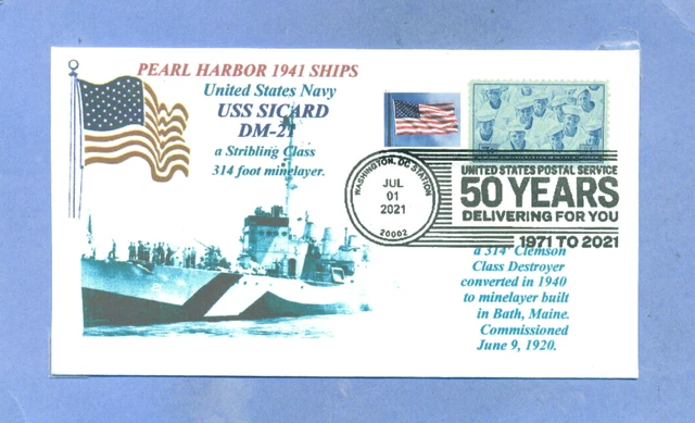 Uss Sicard DM-21 Perle Harbor 1941 Bateau Bleu Photo Cachet, Flag ,#935 Pictural